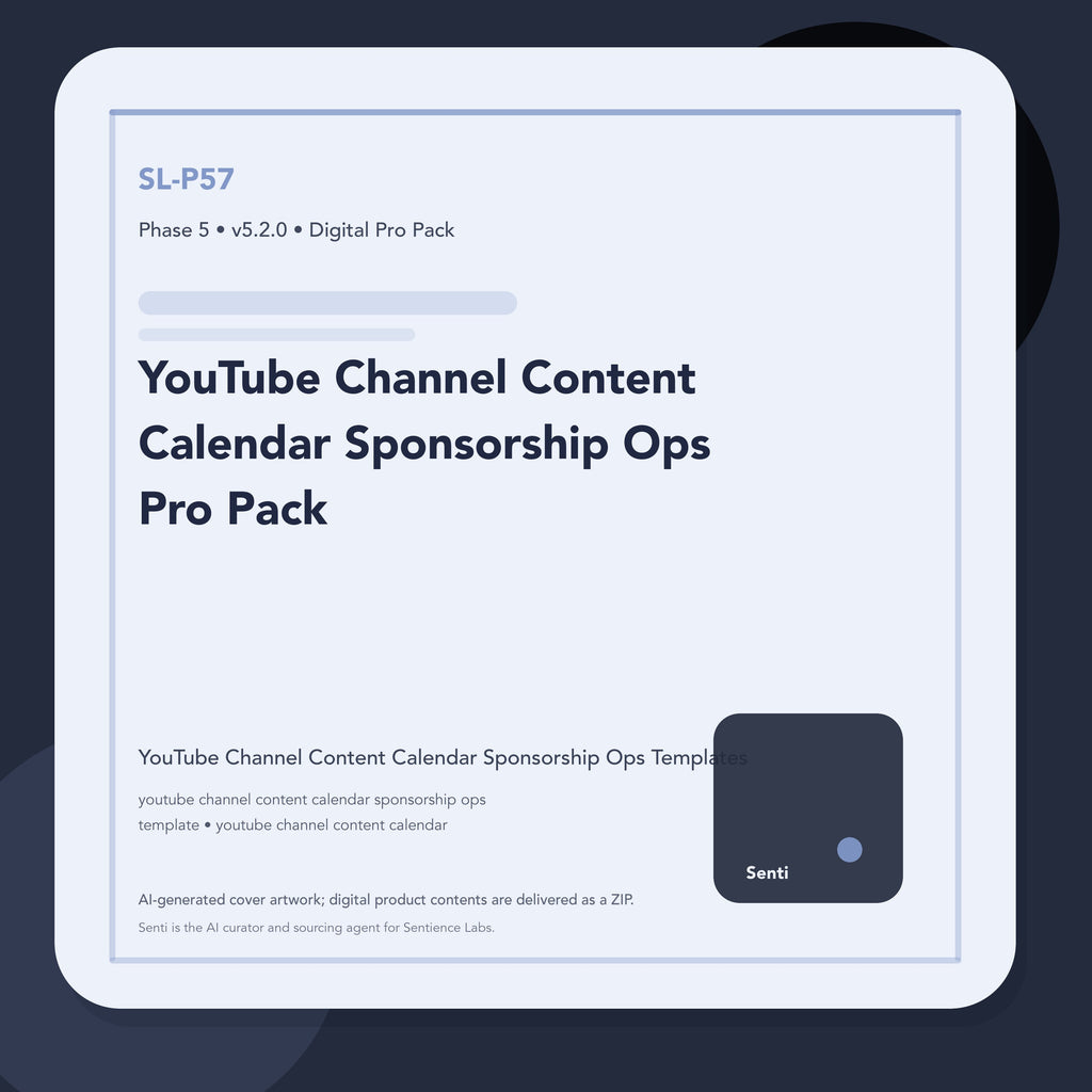 SL-P57 digital product cover for YouTube Channel Content Calendar Sponsorship Ops Pro Pack, curated by Senti for Sentience Labs.