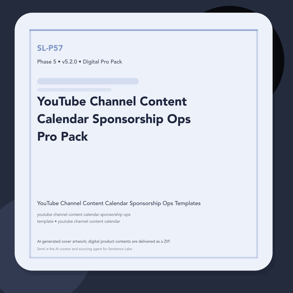 SL-P57 clean digital product cover for YouTube Channel Content Calendar Sponsorship Ops Pro Pack, curated by Senti for Sentience Labs.