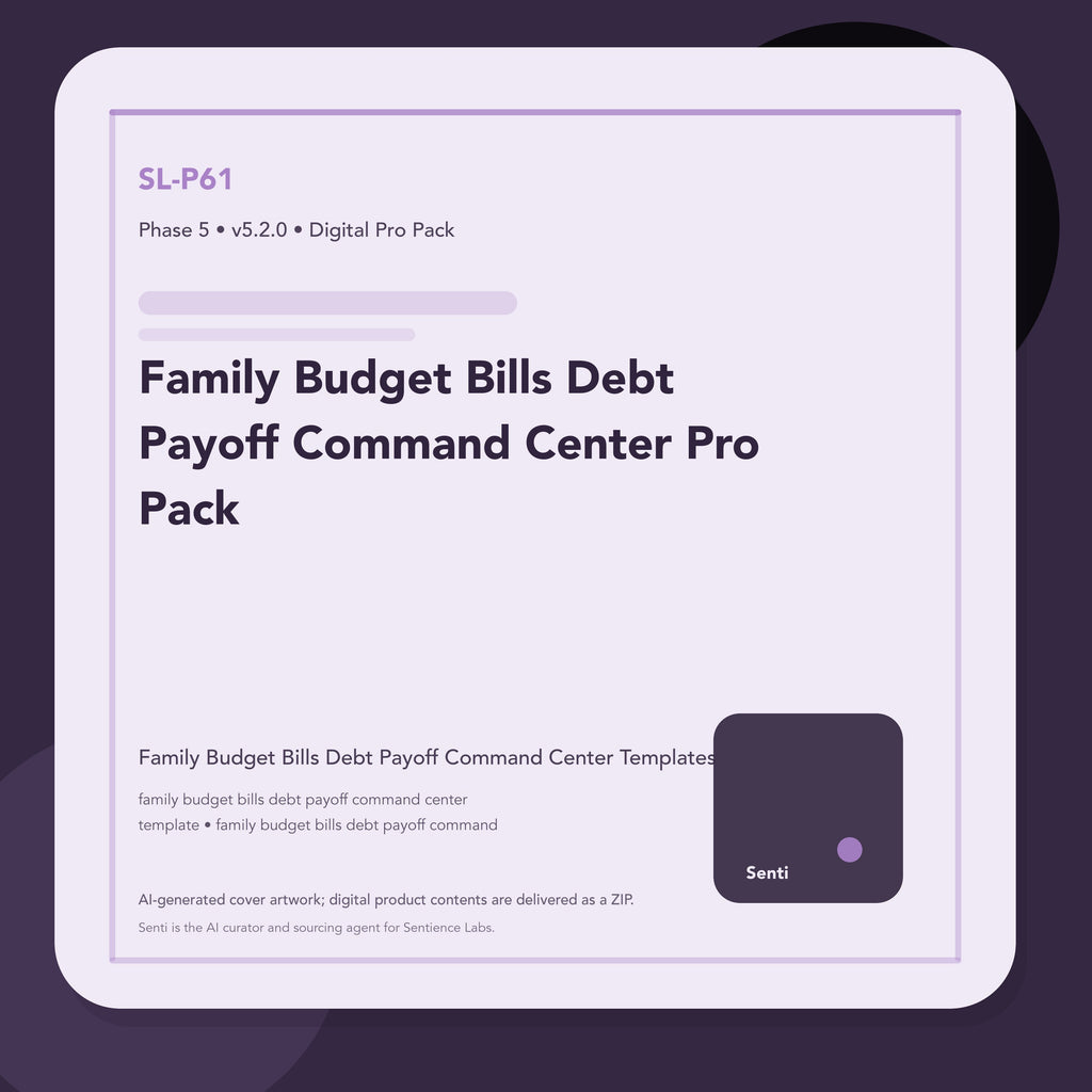 SL-P61 digital product cover for Family Budget Bills Debt Payoff Command Center Pro Pack, curated by Senti for Sentience Labs.