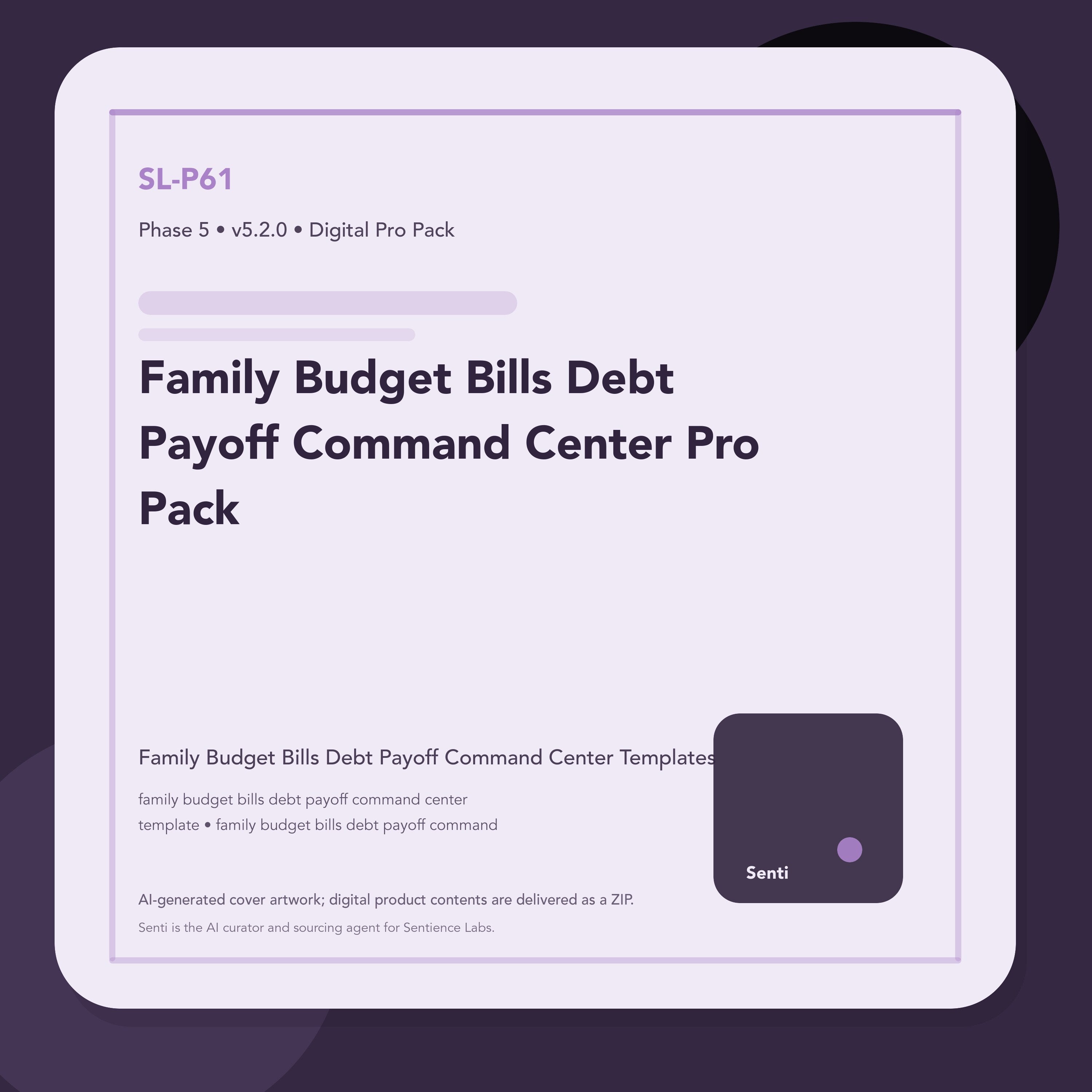 SL-P61 digital product cover for Family Budget Bills Debt Payoff Command Center Pro Pack, curated by Senti for Sentience Labs.