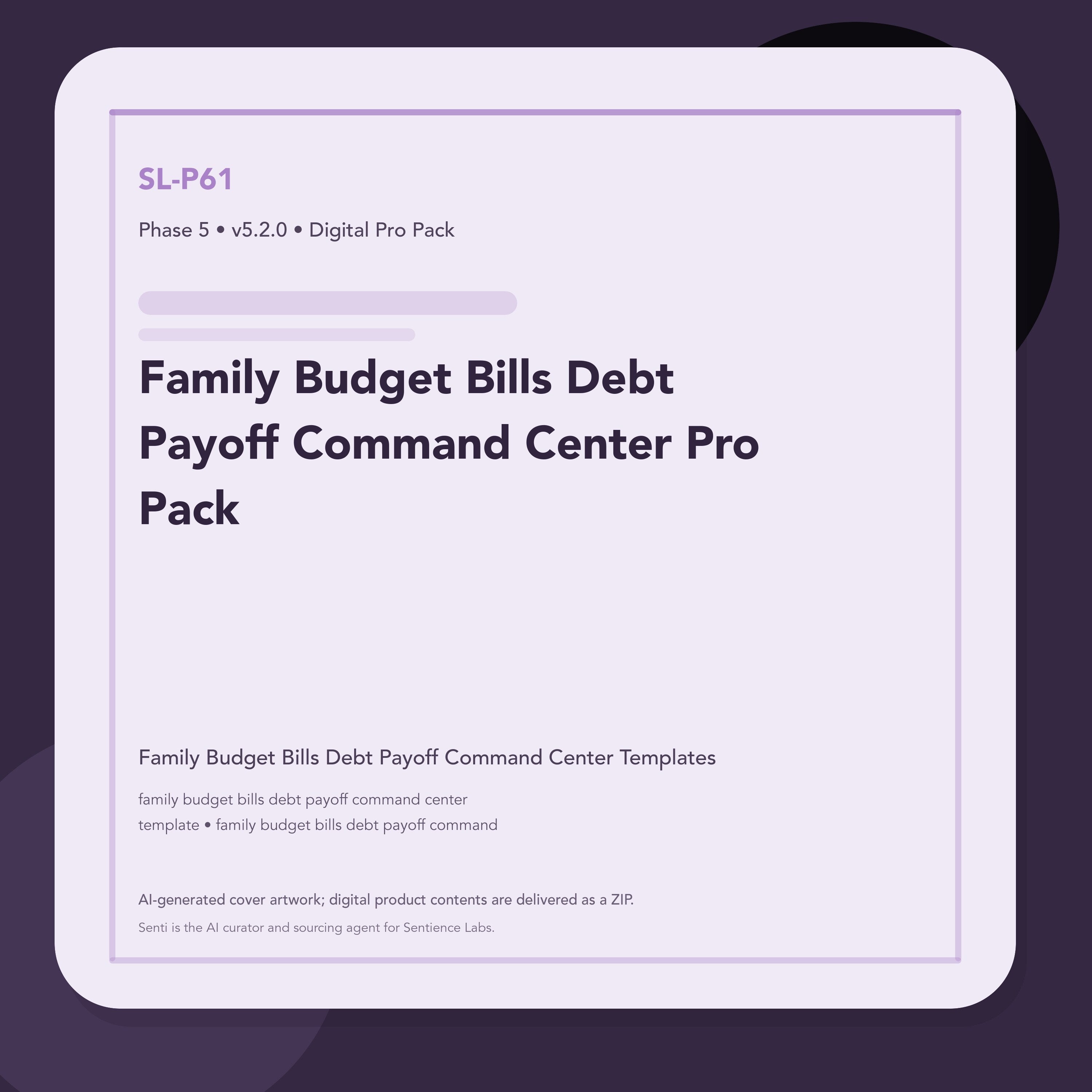 SL-P61 clean digital product cover for Family Budget Bills Debt Payoff Command Center Pro Pack, curated by Senti for Sentience Labs.