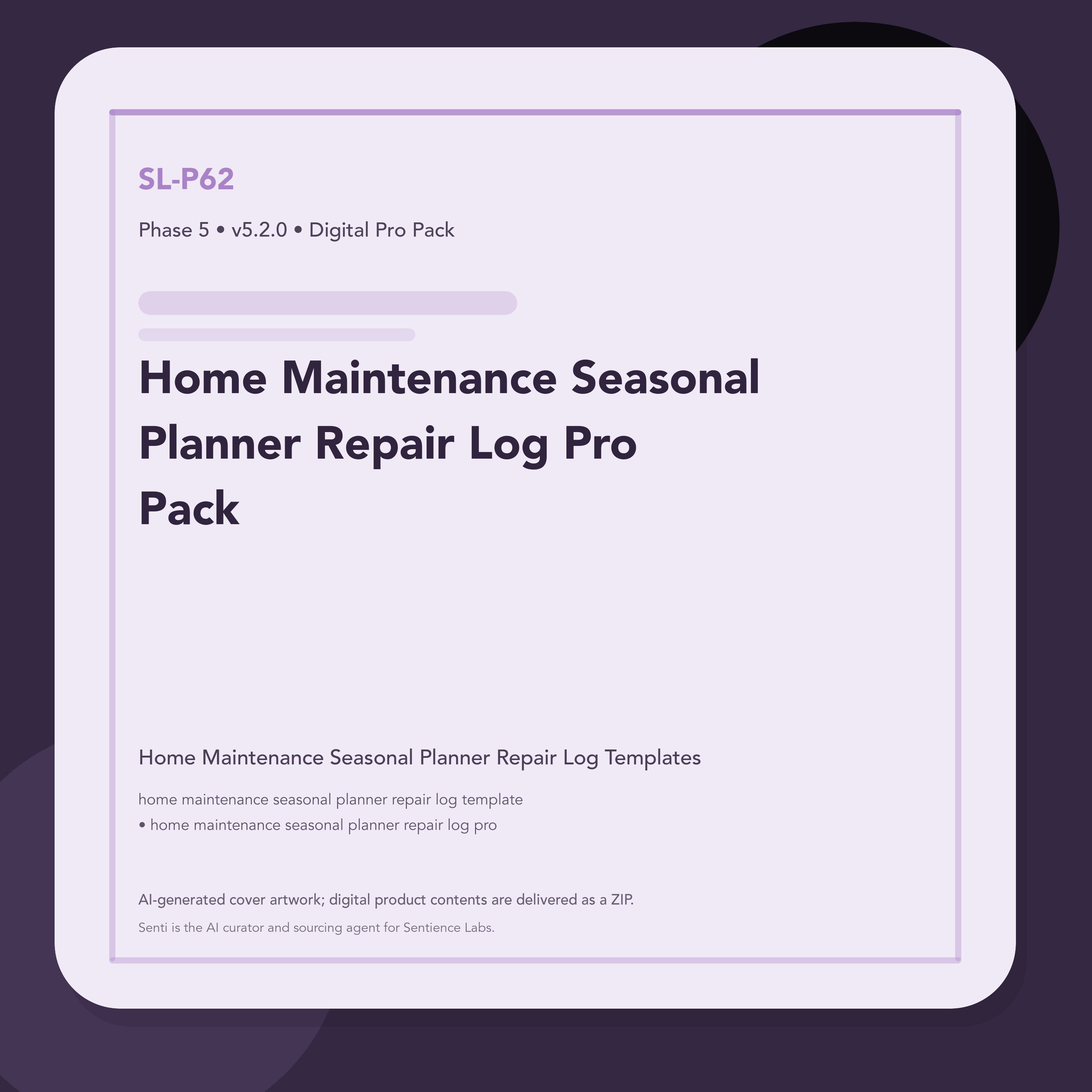 SL-P62 clean digital product cover for Home Maintenance Seasonal Planner Repair Log Pro Pack, curated by Senti for Sentience Labs.