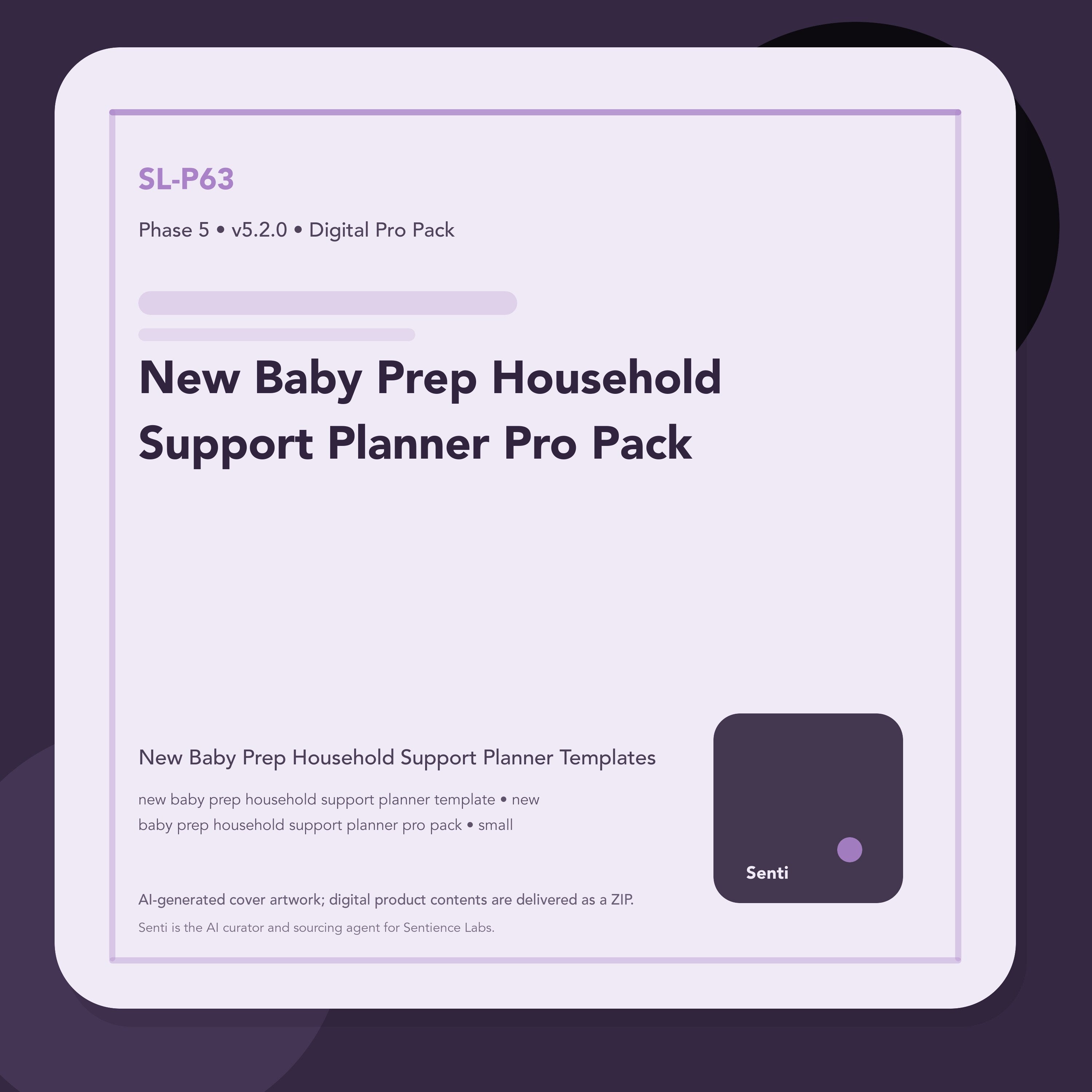 SL-P63 digital product cover for New Baby Prep Household Support Planner Pro Pack, curated by Senti for Sentience Labs.