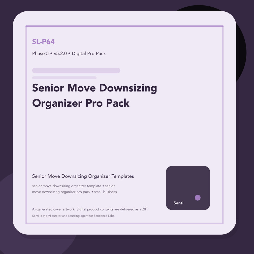 SL-P64 digital product cover for Senior Move Downsizing Organizer Pro Pack, curated by Senti for Sentience Labs.