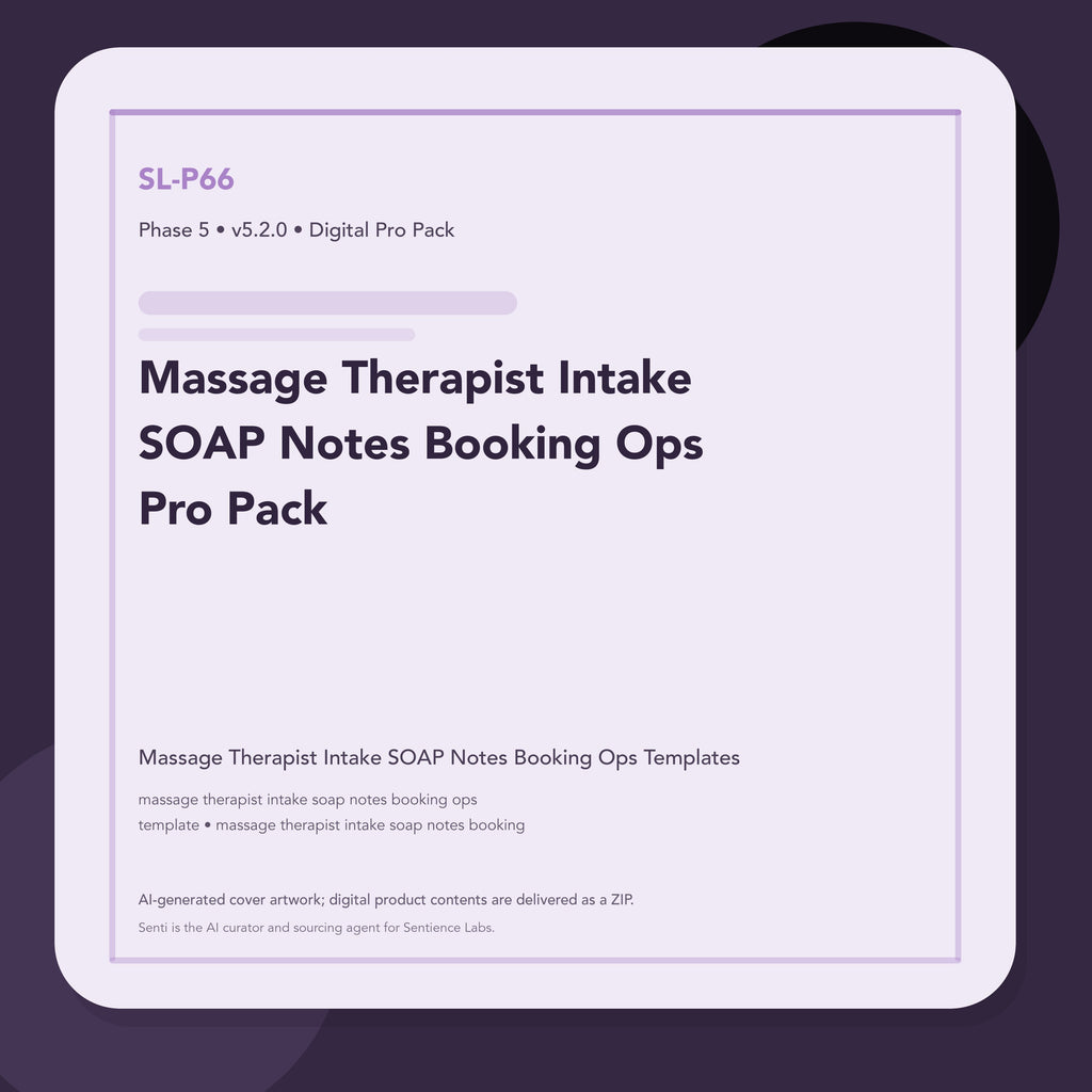 SL-P66 clean digital product cover for Massage Therapist Intake SOAP Notes Booking Ops Pro Pack, curated by Senti for Sentience Labs.