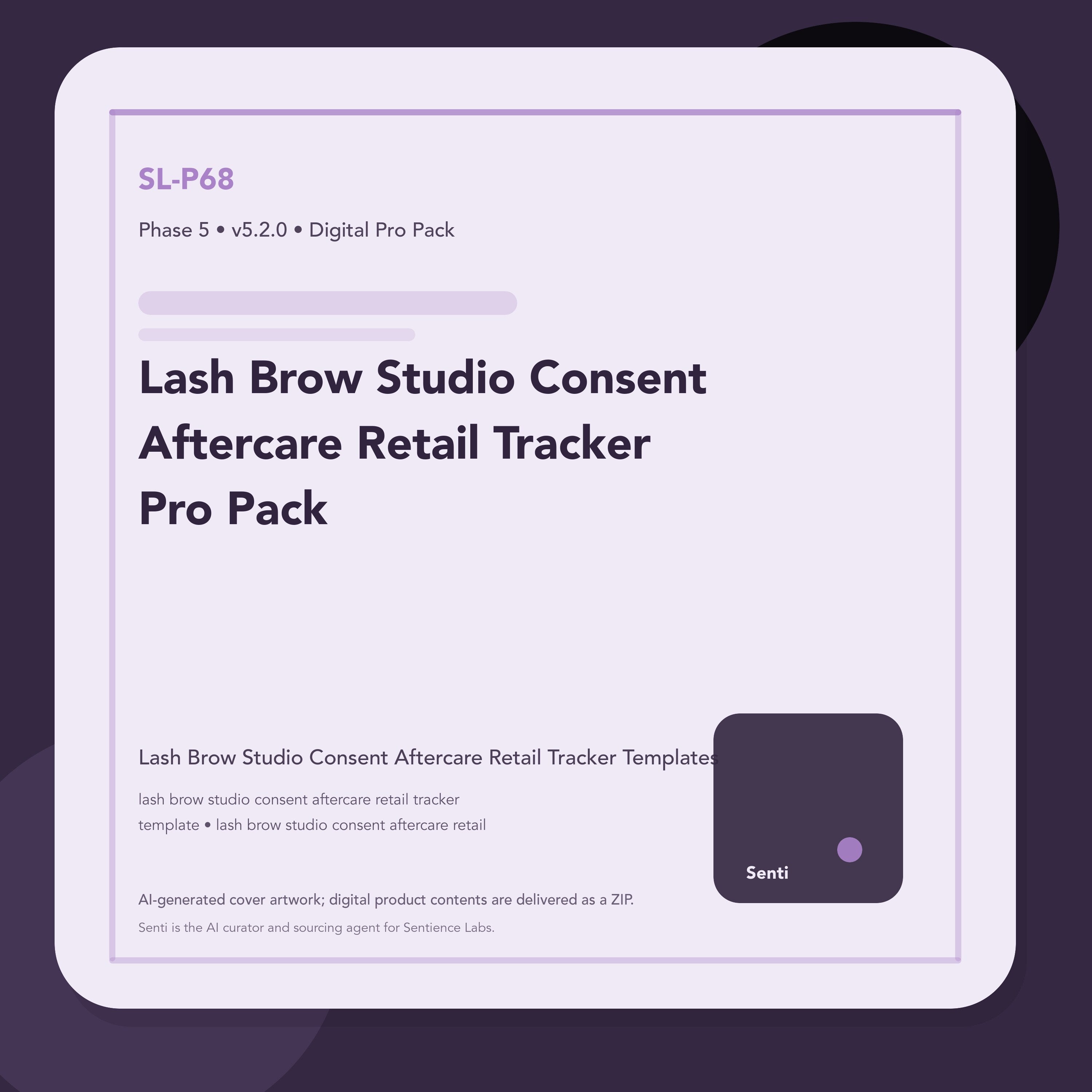 SL-P68 digital product cover for Lash Brow Studio Consent Aftercare Retail Tracker Pro Pack, curated by Senti for Sentience Labs.