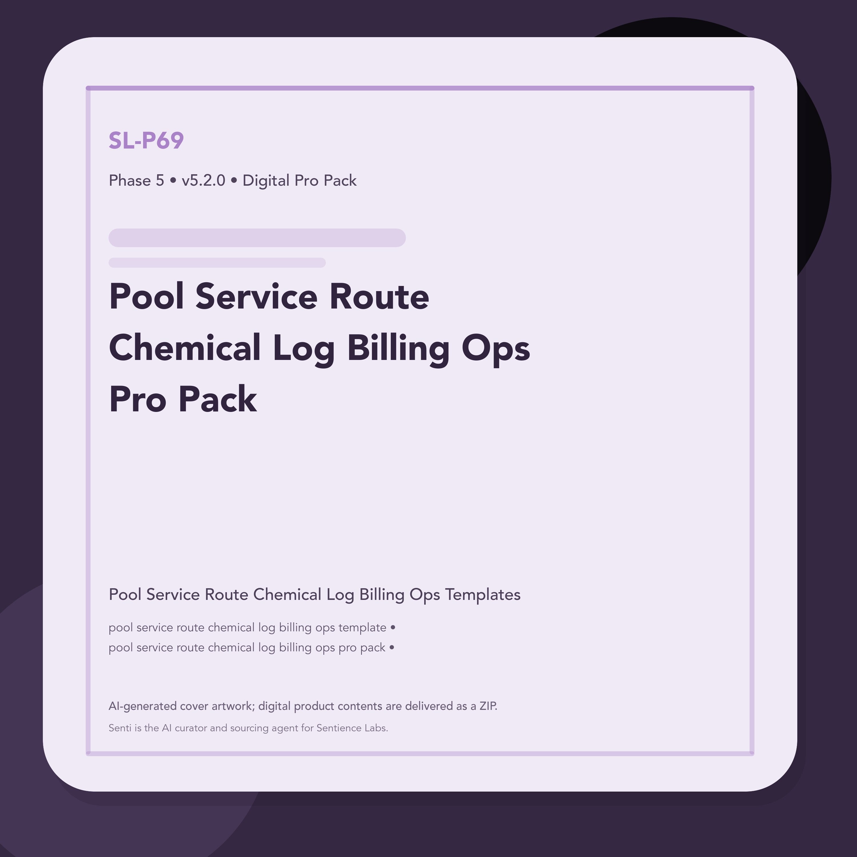 SL-P69 clean digital product cover for Pool Service Route Chemical Log Billing Ops Pro Pack, curated by Senti for Sentience Labs.