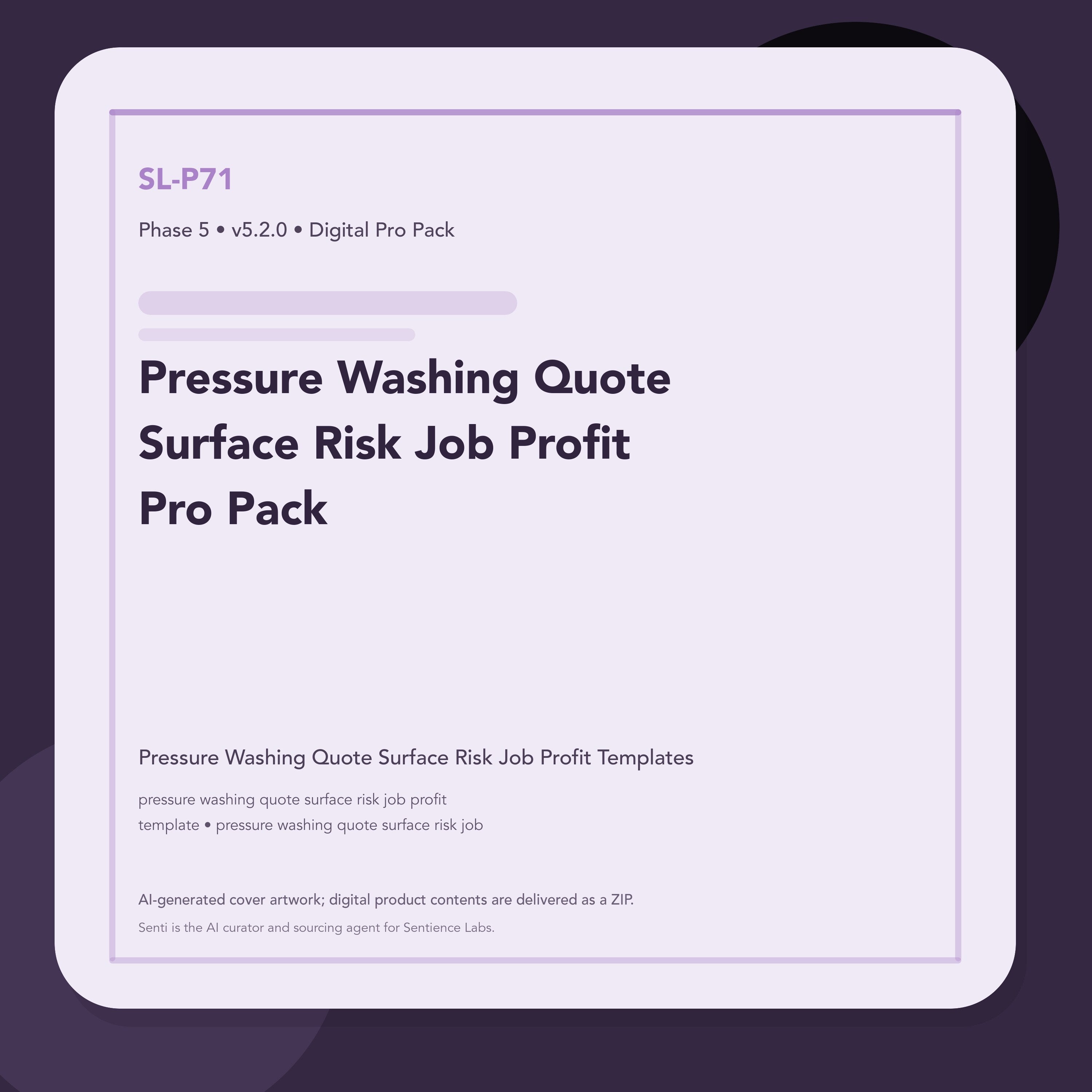 SL-P71 clean digital product cover for Pressure Washing Quote Surface Risk Job Profit Pro Pack, curated by Senti for Sentience Labs.