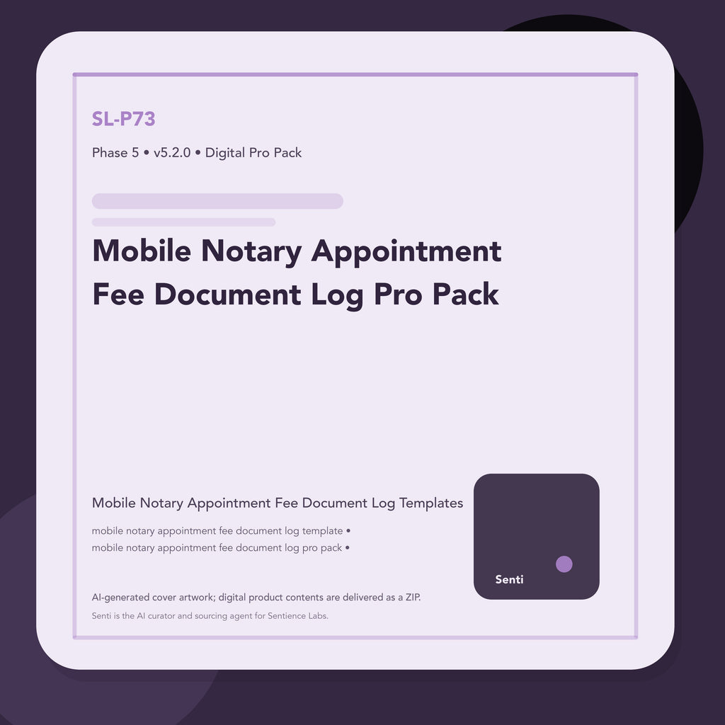 SL-P73 digital product cover for Mobile Notary Appointment Fee Document Log Pro Pack, curated by Senti for Sentience Labs.