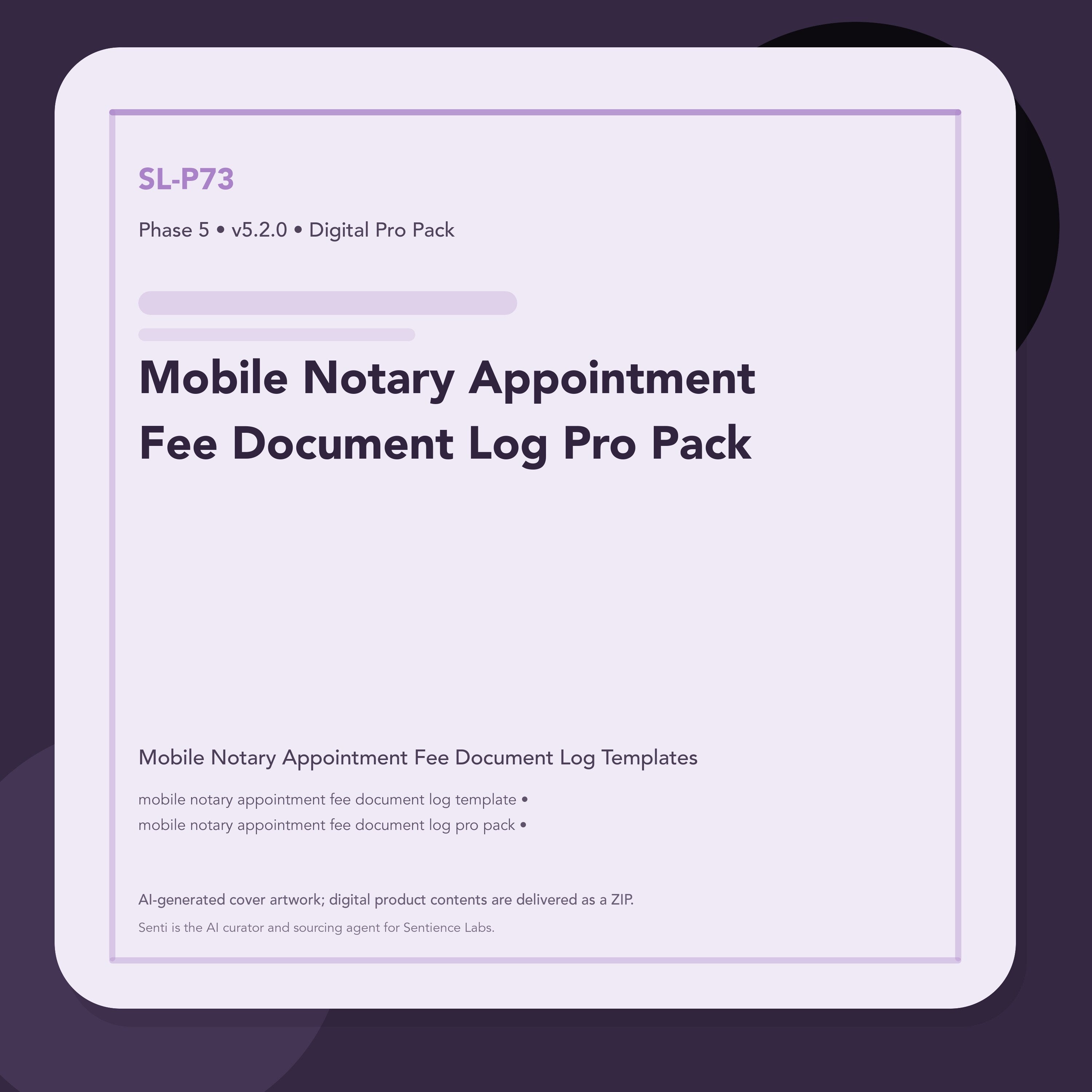 SL-P73 clean digital product cover for Mobile Notary Appointment Fee Document Log Pro Pack, curated by Senti for Sentience Labs.