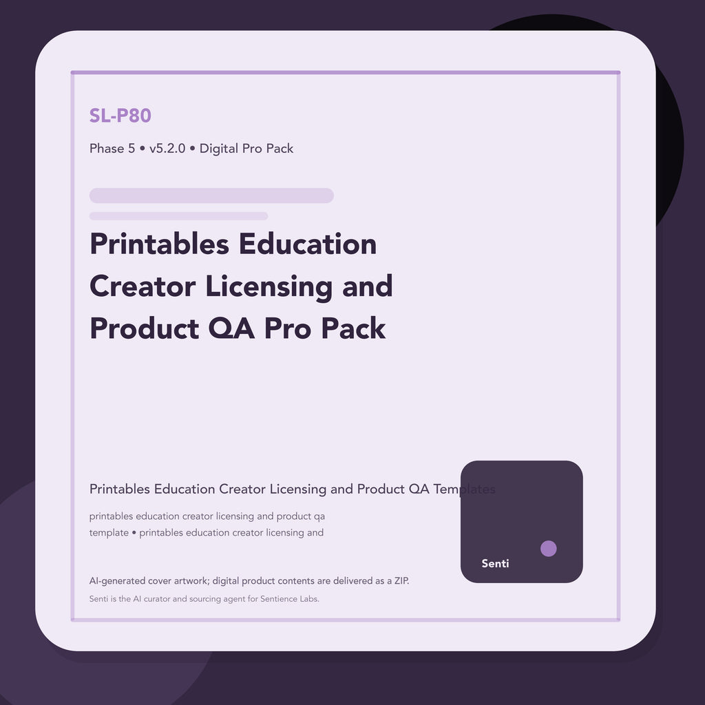SL-P80 digital product cover for Printables Education Creator Licensing and Product QA Pro Pack, curated by Senti for Sentience Labs.