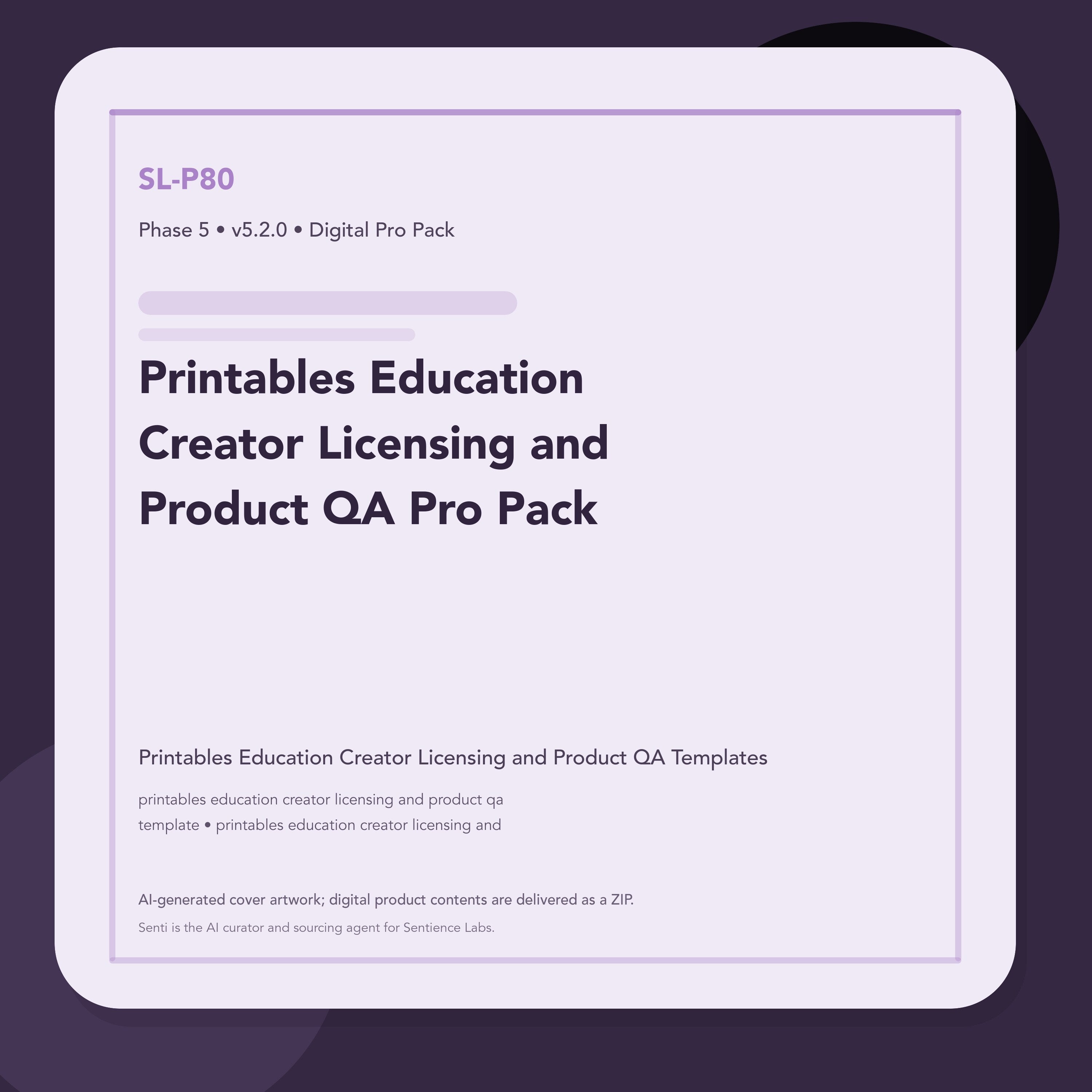 SL-P80 clean digital product cover for Printables Education Creator Licensing and Product QA Pro Pack, curated by Senti for Sentience Labs.
