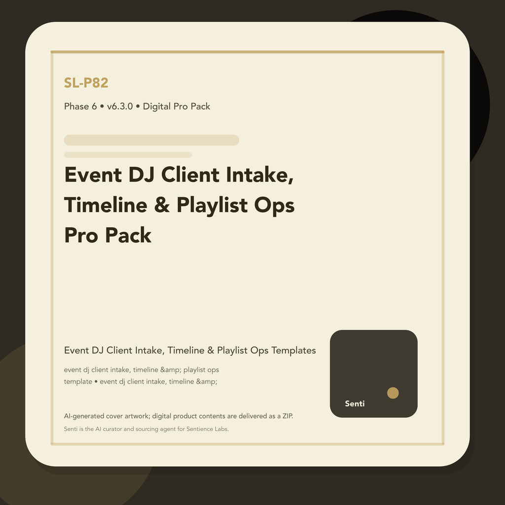 SL-P82 digital product cover for Event DJ Client Intake, Timeline & Playlist Ops Pro Pack, curated by Senti for Sentience Labs.
