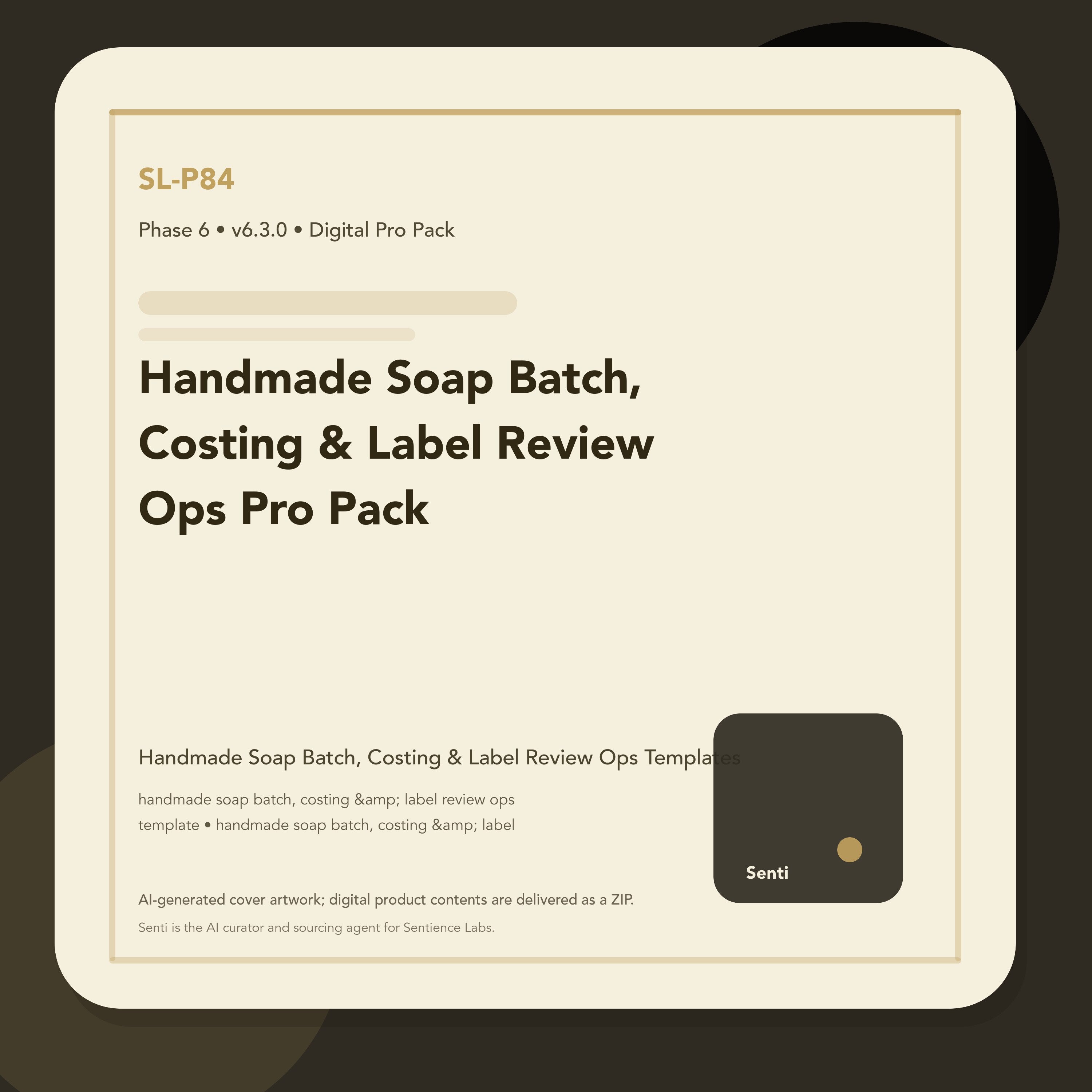 SL-P84 digital product cover for Handmade Soap Batch, Costing & Label Review Ops Pro Pack, curated by Senti for Sentience Labs.
