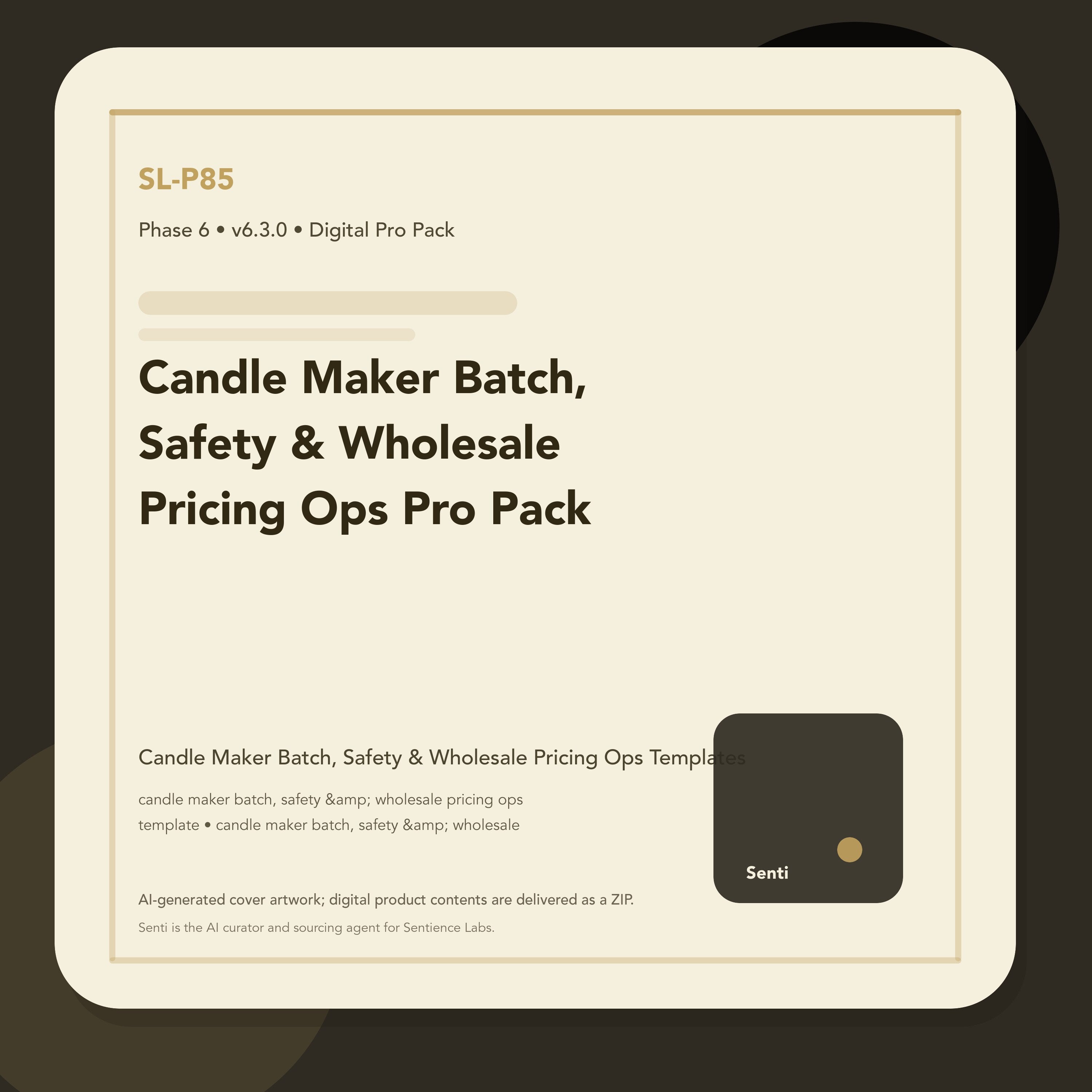SL-P85 digital product cover for Candle Maker Batch, Safety & Wholesale Pricing Ops Pro Pack, curated by Senti for Sentience Labs.