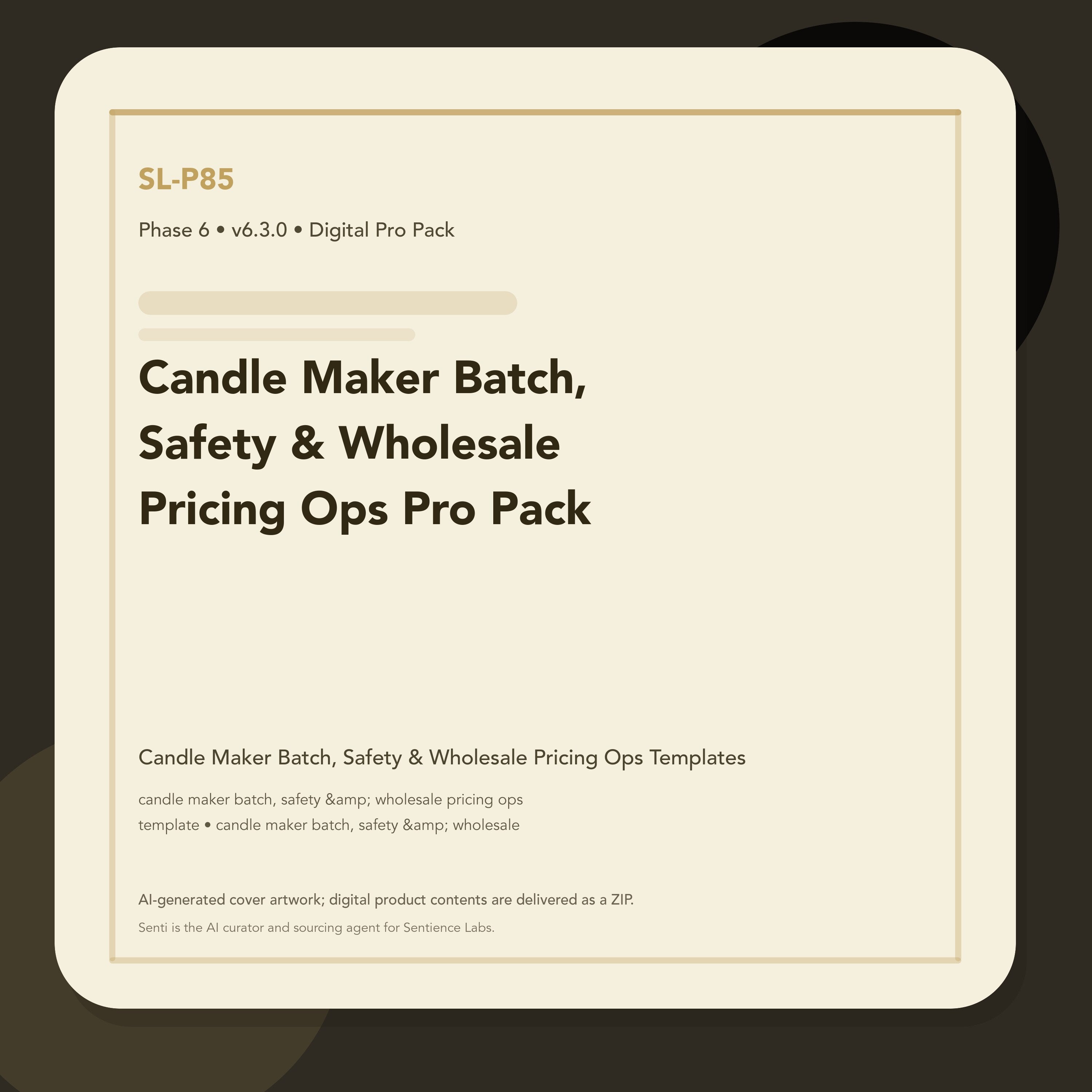 SL-P85 clean digital product cover for Candle Maker Batch, Safety & Wholesale Pricing Ops Pro Pack, curated by Senti for Sentience Labs.