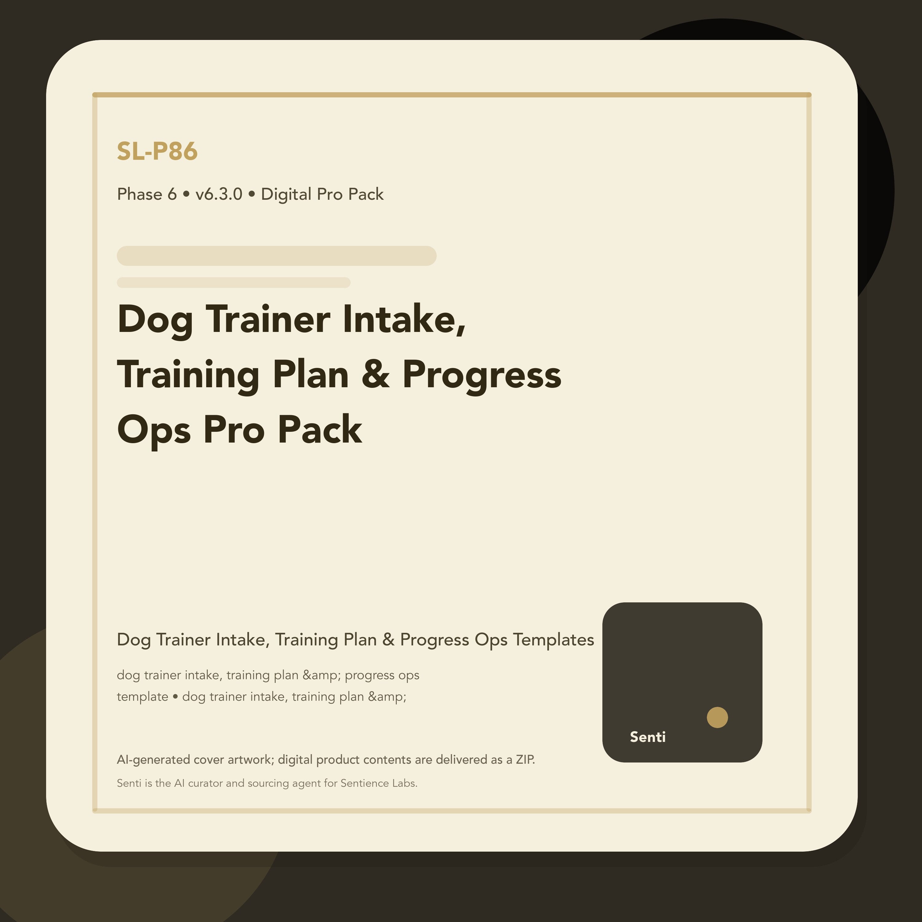 SL-P86 digital product cover for Dog Trainer Intake, Training Plan & Progress Ops Pro Pack, curated by Senti for Sentience Labs.