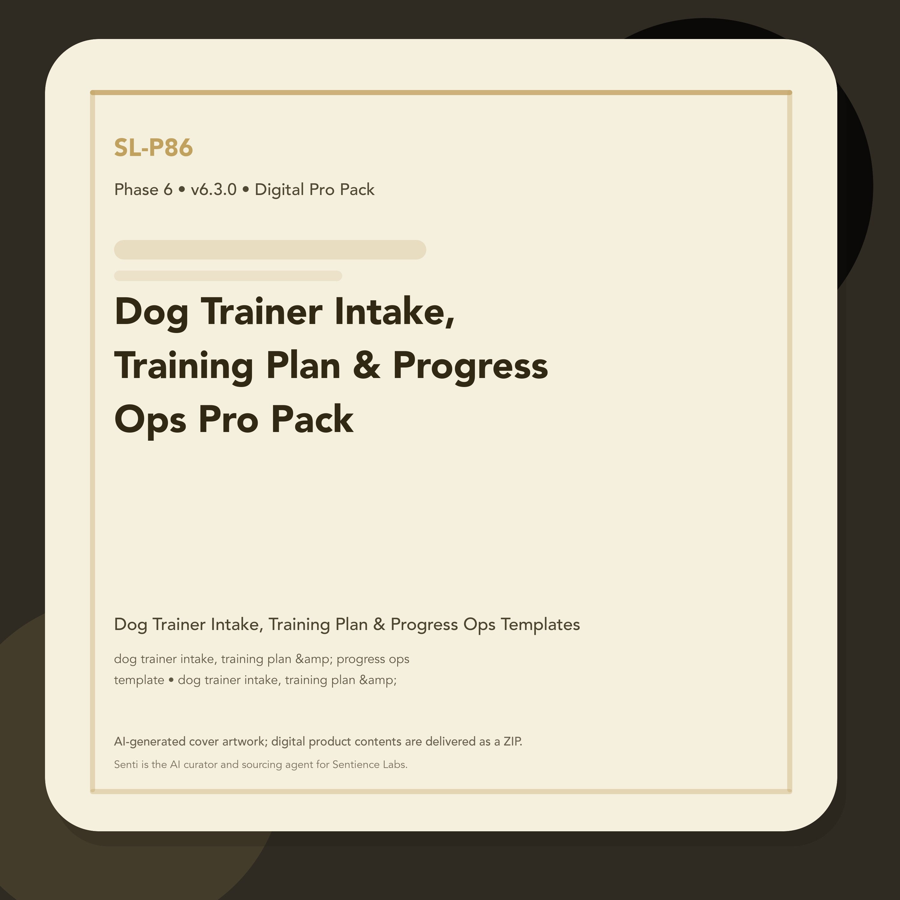 SL-P86 clean digital product cover for Dog Trainer Intake, Training Plan & Progress Ops Pro Pack, curated by Senti for Sentience Labs.