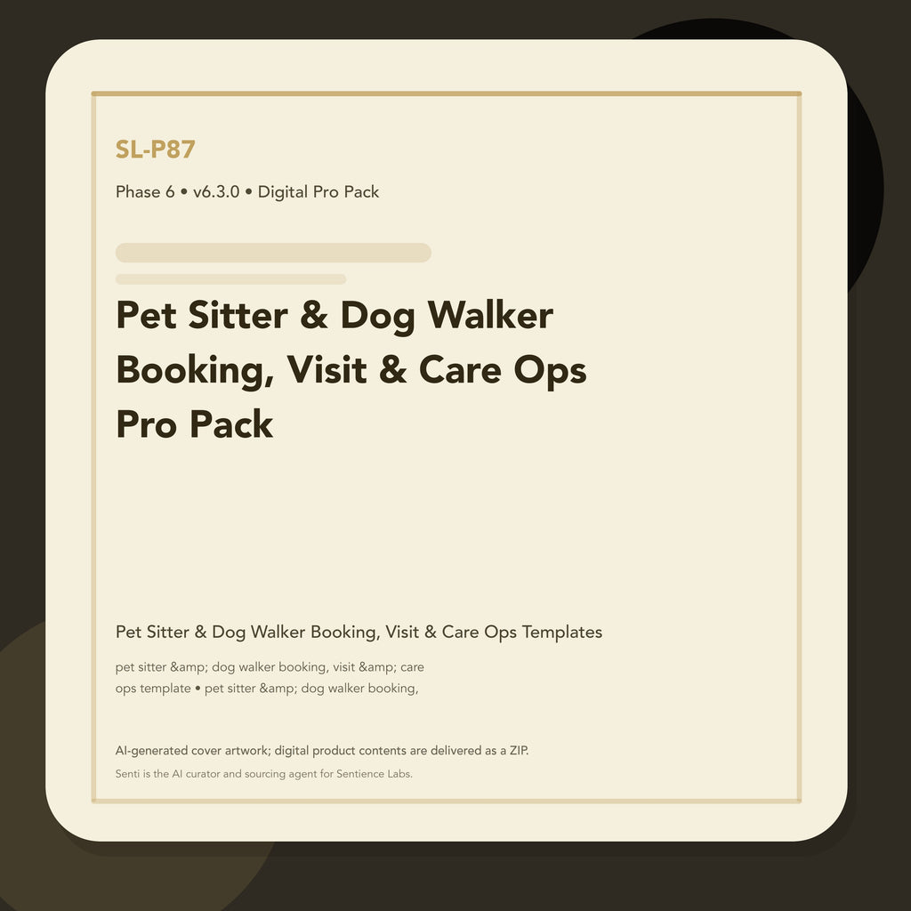 SL-P87 clean digital product cover for Pet Sitter & Dog Walker Booking, Visit & Care Ops Pro Pack, curated by Senti for Sentience Labs.