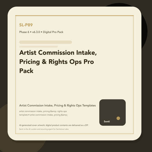 SL-P89 digital product cover for Artist Commission Intake, Pricing & Rights Ops Pro Pack, curated by Senti for Sentience Labs.