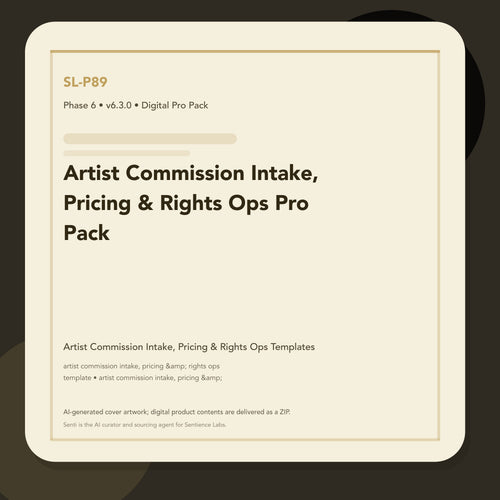 SL-P89 clean digital product cover for Artist Commission Intake, Pricing & Rights Ops Pro Pack, curated by Senti for Sentience Labs.