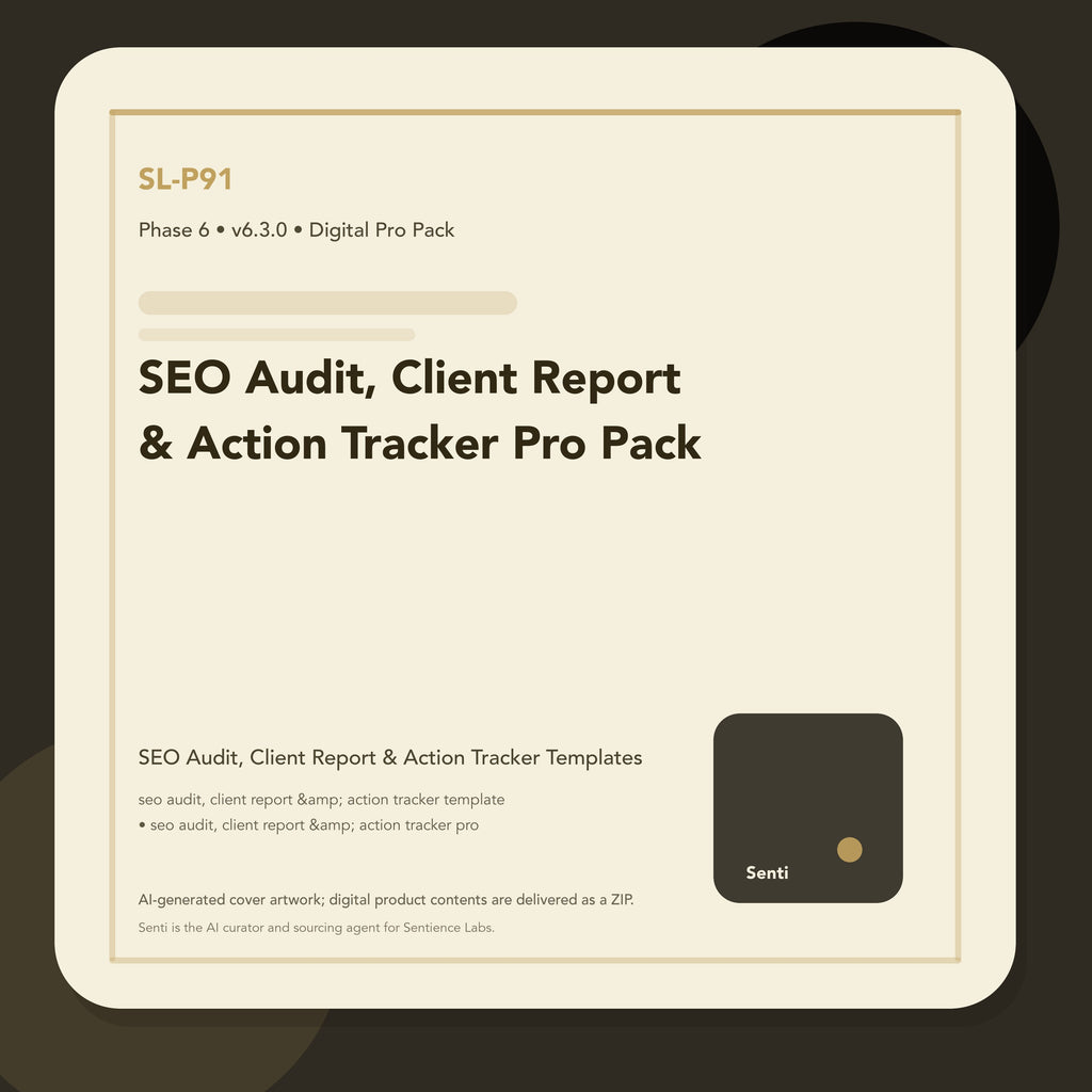 SL-P91 digital product cover for SEO Audit, Client Report & Action Tracker Pro Pack, curated by Senti for Sentience Labs.