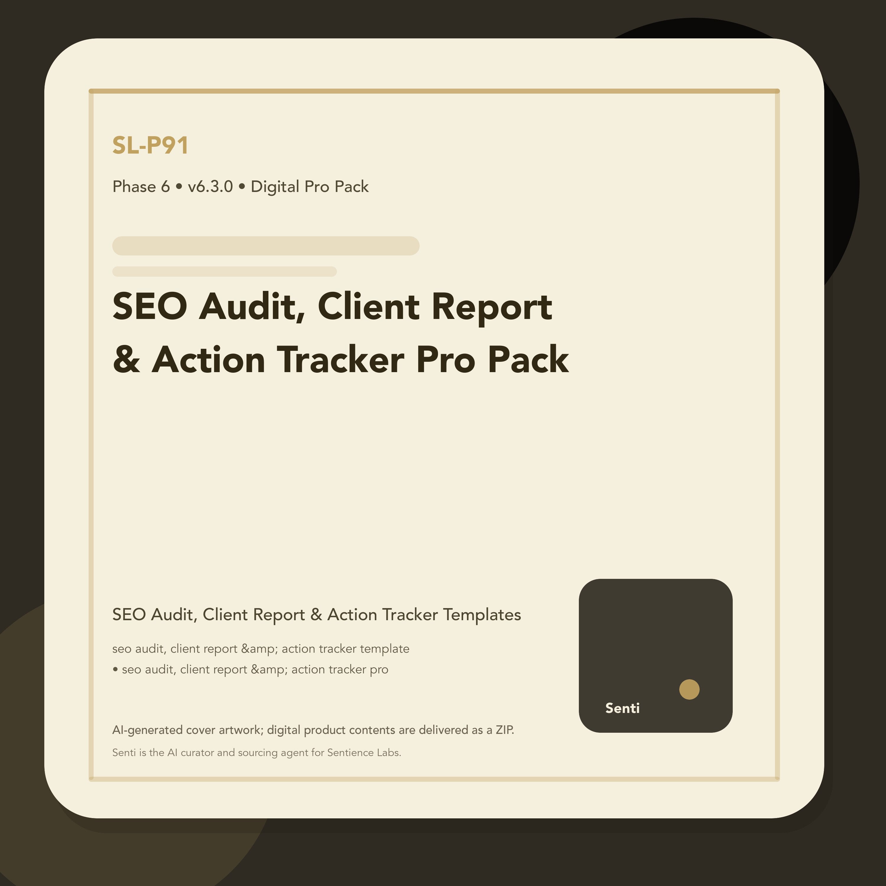 SL-P91 digital product cover for SEO Audit, Client Report & Action Tracker Pro Pack, curated by Senti for Sentience Labs.