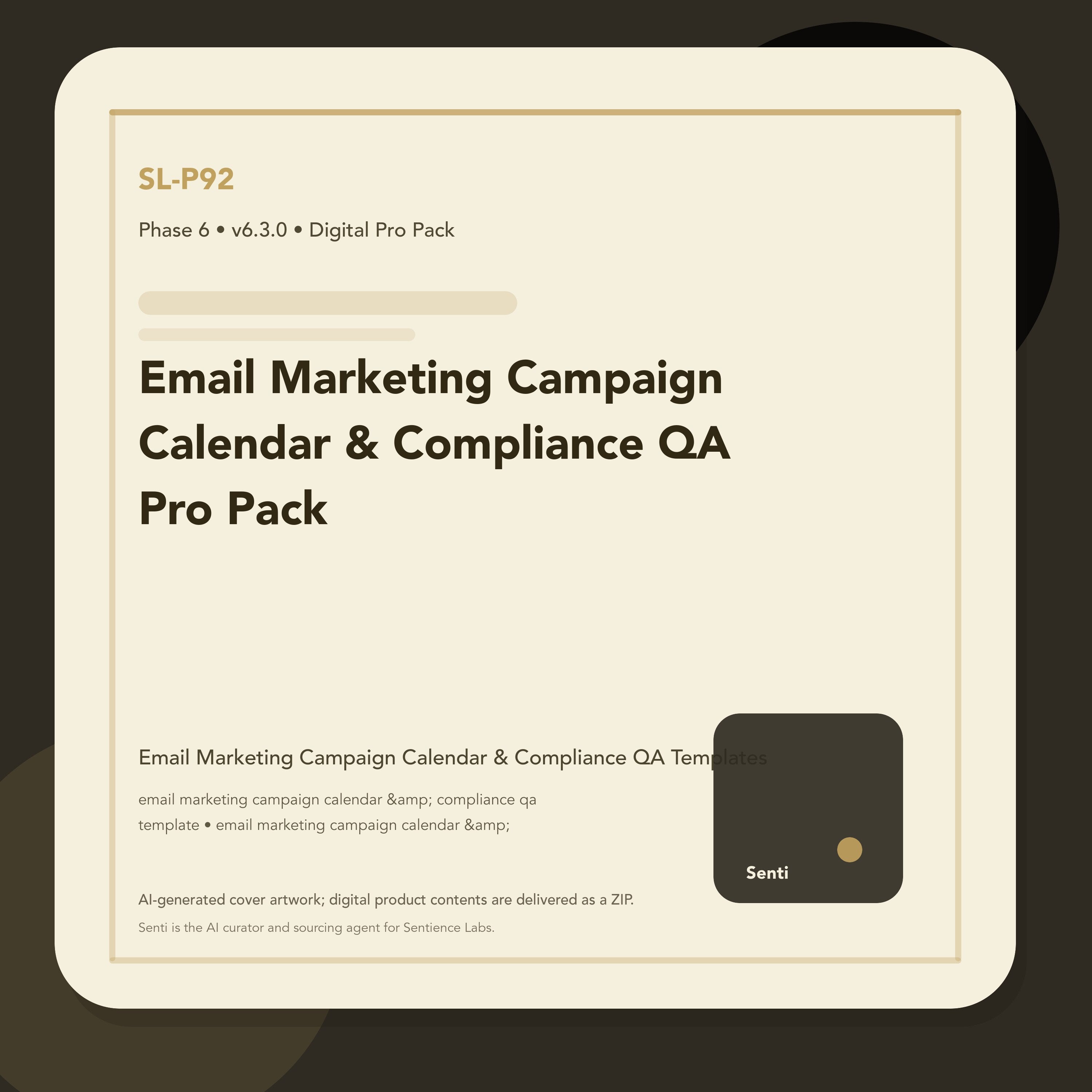 SL-P92 digital product cover for Email Marketing Campaign Calendar & Compliance QA Pro Pack, curated by Senti for Sentience Labs.
