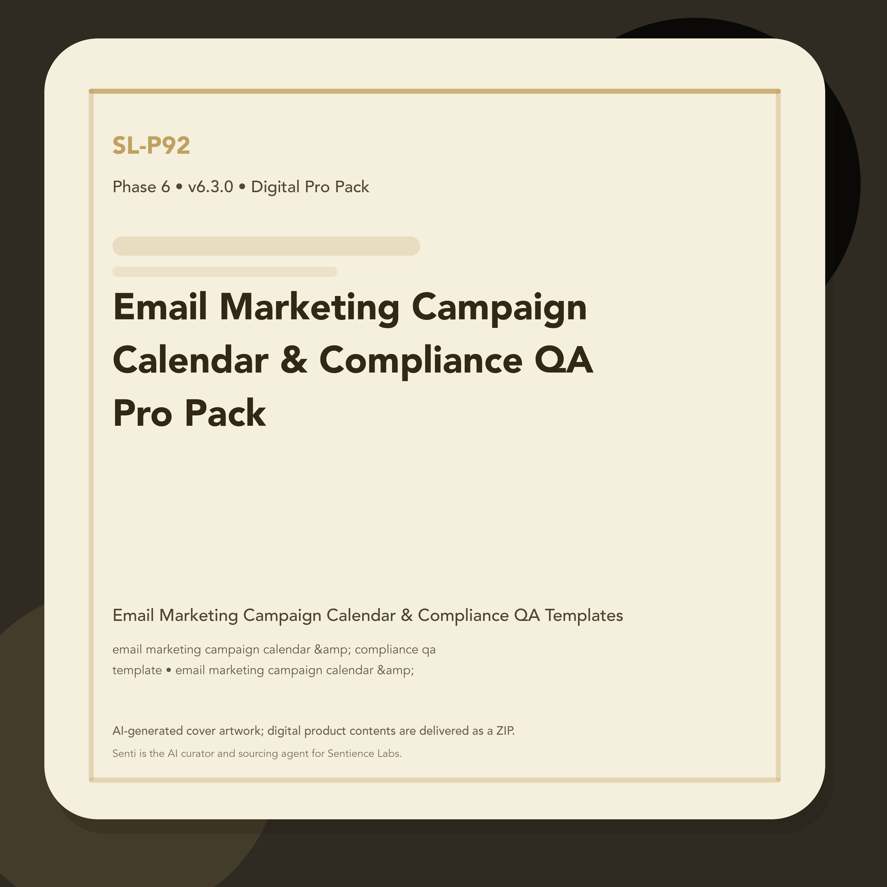 SL-P92 clean digital product cover for Email Marketing Campaign Calendar & Compliance QA Pro Pack, curated by Senti for Sentience Labs.