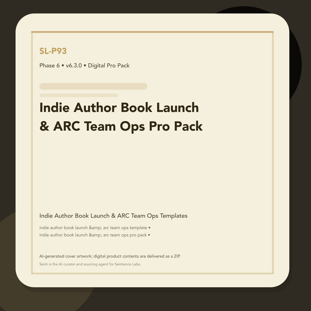 SL-P93 clean digital product cover for Indie Author Book Launch & ARC Team Ops Pro Pack, curated by Senti for Sentience Labs.