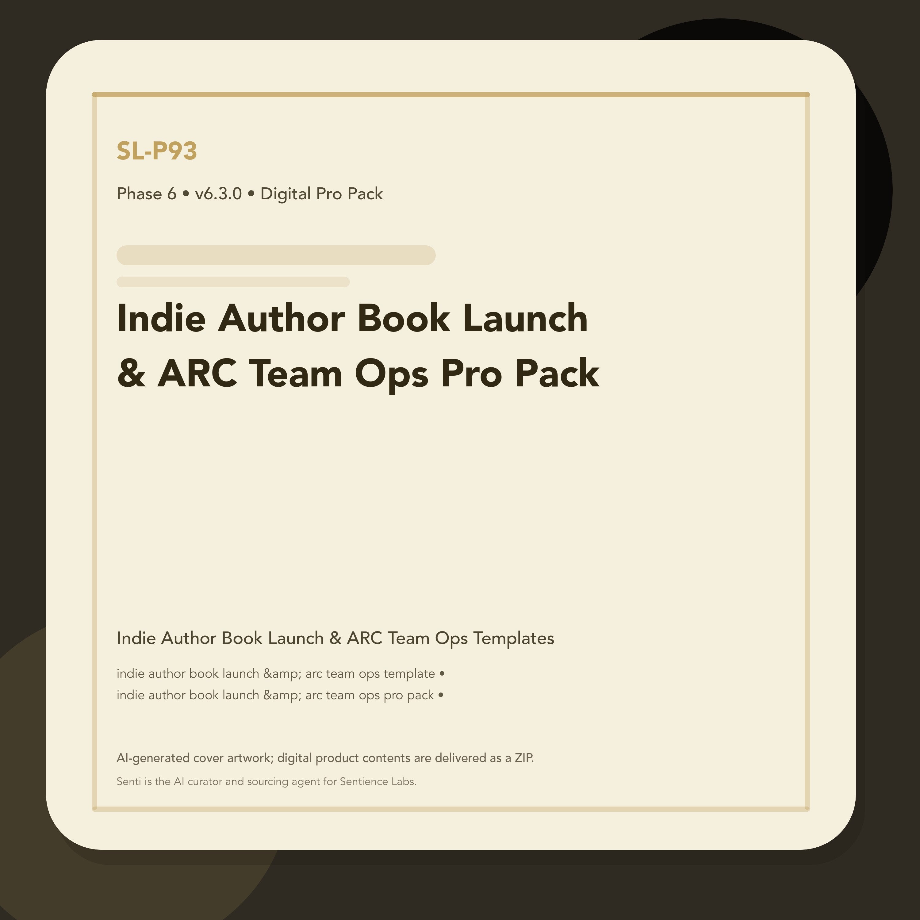 SL-P93 clean digital product cover for Indie Author Book Launch & ARC Team Ops Pro Pack, curated by Senti for Sentience Labs.