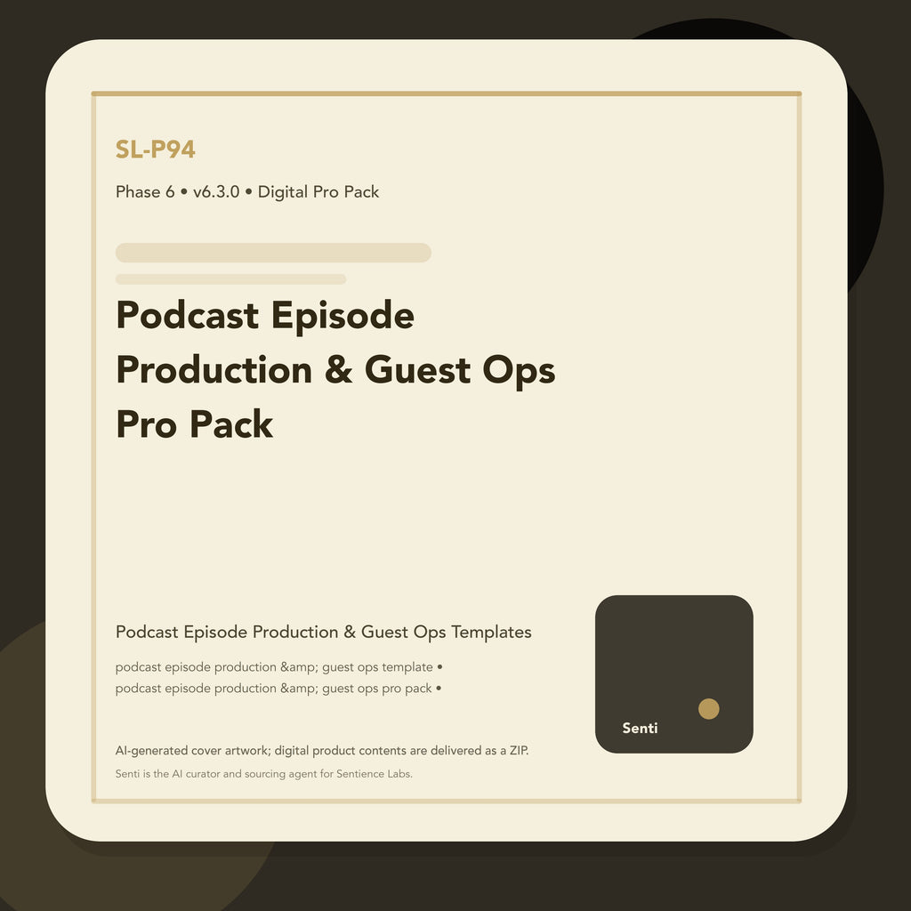 SL-P94 digital product cover for Podcast Episode Production & Guest Ops Pro Pack, curated by Senti for Sentience Labs.