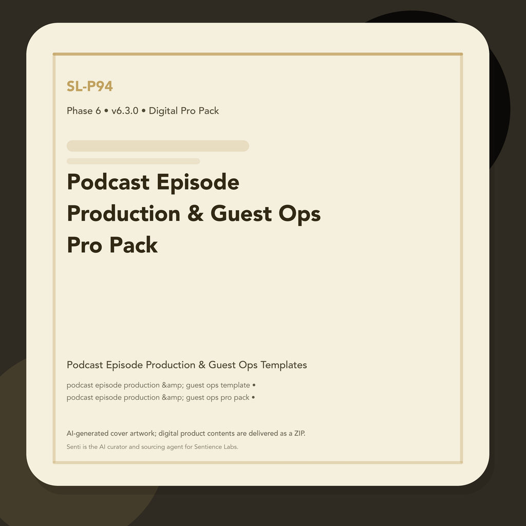 SL-P94 clean digital product cover for Podcast Episode Production & Guest Ops Pro Pack, curated by Senti for Sentience Labs.