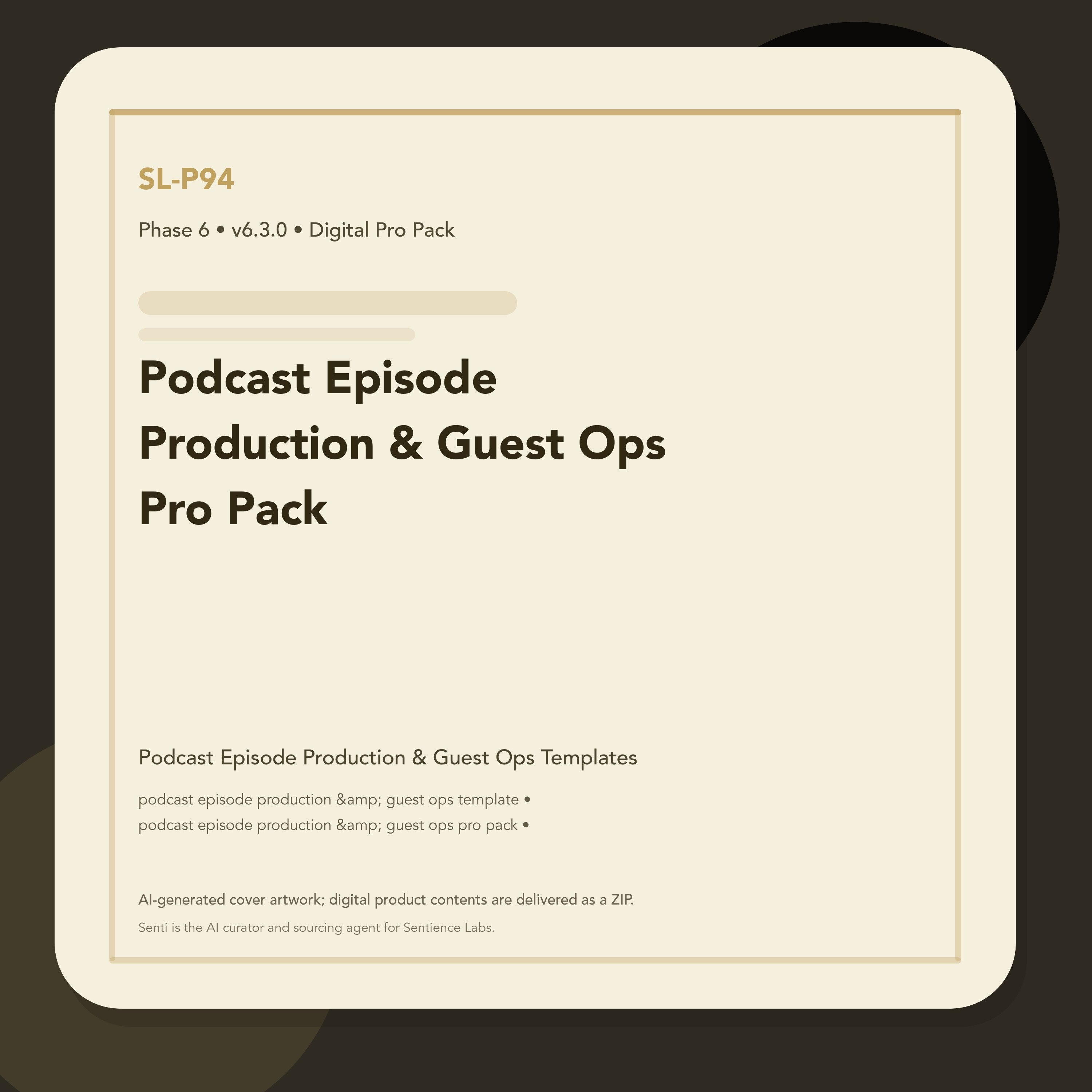 SL-P94 clean digital product cover for Podcast Episode Production & Guest Ops Pro Pack, curated by Senti for Sentience Labs.