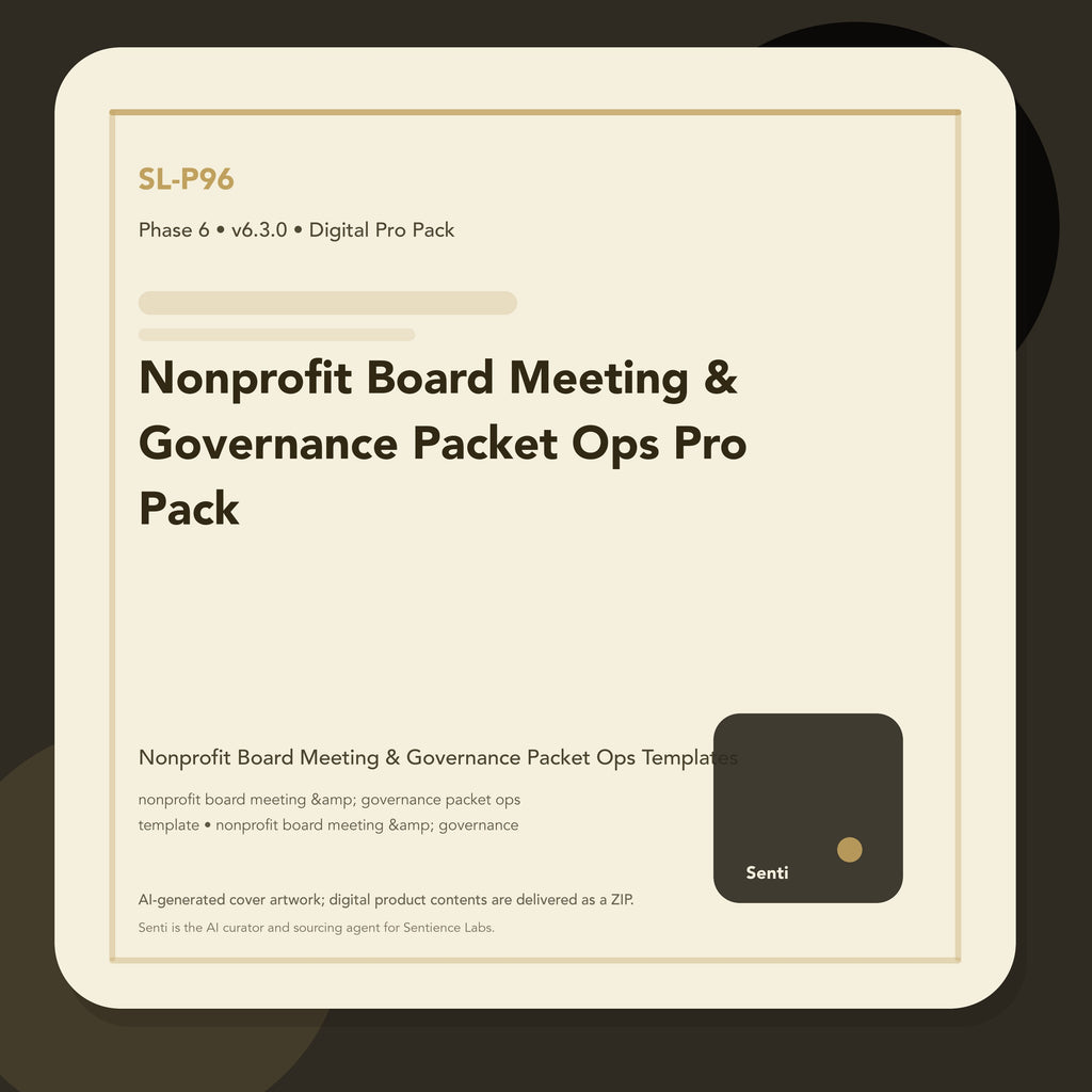 SL-P96 digital product cover for Nonprofit Board Meeting & Governance Packet Ops Pro Pack, curated by Senti for Sentience Labs.