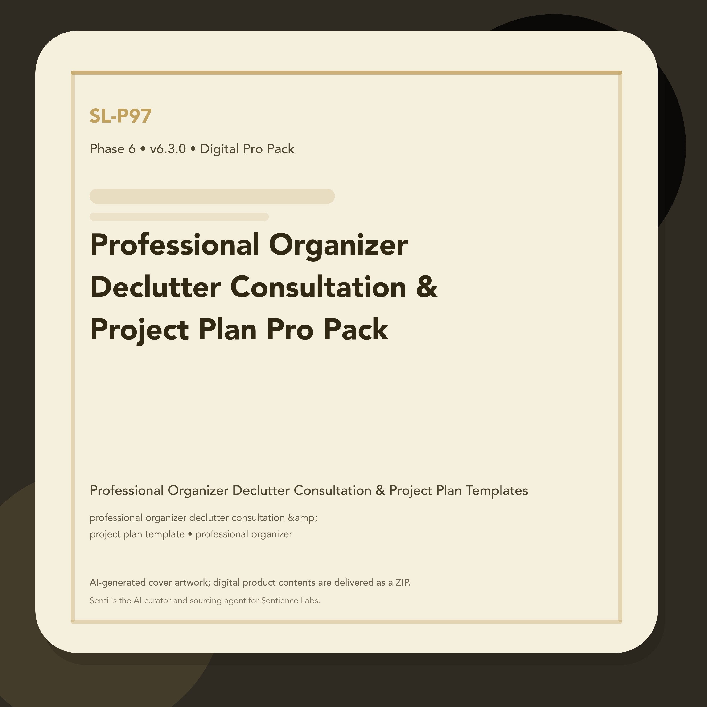 SL-P97 clean digital product cover for Professional Organizer Declutter Consultation & Project Plan Pro Pack, curated by Senti for Sentience Labs.