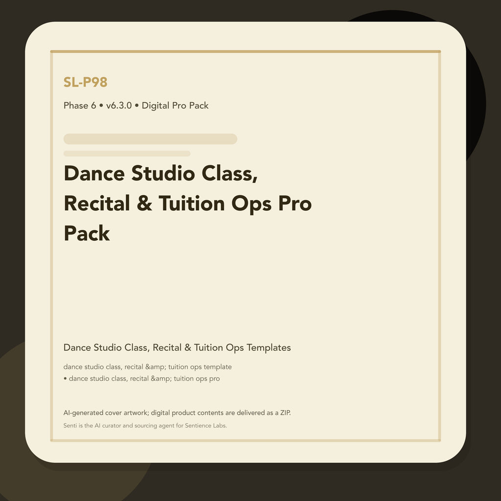 SL-P98 clean digital product cover for Dance Studio Class, Recital & Tuition Ops Pro Pack, curated by Senti for Sentience Labs.