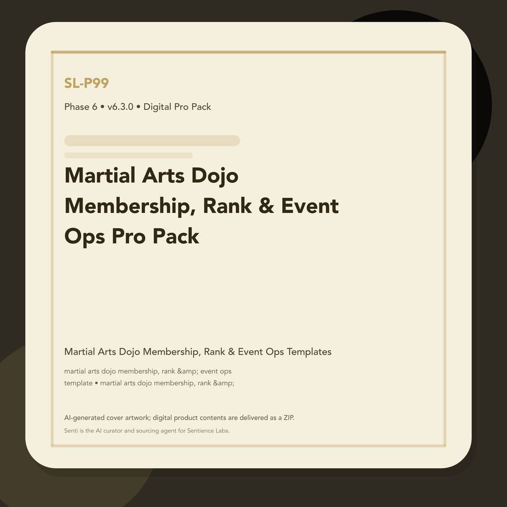 SL-P99 clean digital product cover for Martial Arts Dojo Membership, Rank & Event Ops Pro Pack, curated by Senti for Sentience Labs.