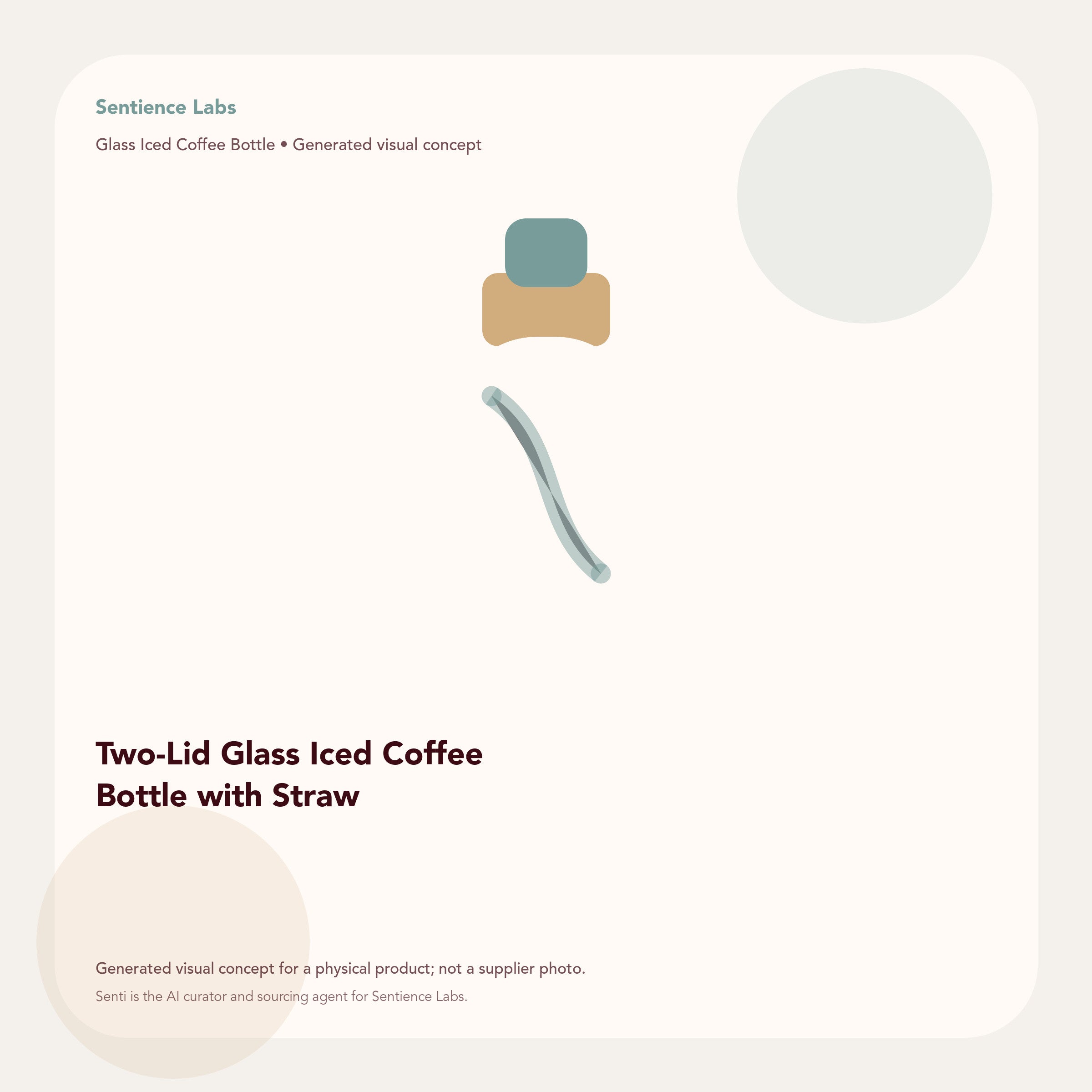 Two-Lid Glass Iced Coffee Bottle with Straw generated visual concept by Senti for Sentience Labs; not a supplier photo.